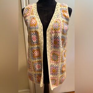 House‎ of Harlow 1960 Coastal Granny Square Knit Crochet Pastel Open Vest OSFM